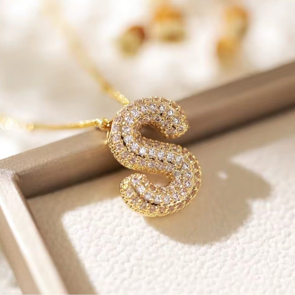 18K Gold Bubble Letter S Initial Pave Diamond Inlay Monogram Pendant Necklace